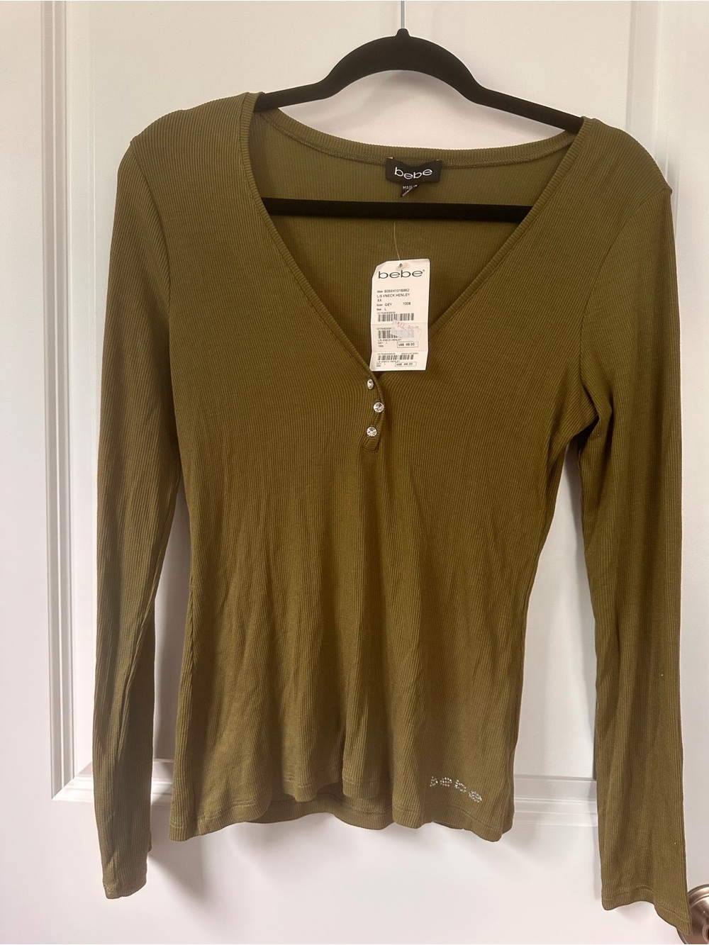 bebe Olive Ribbed Long Sleeve Henley Top